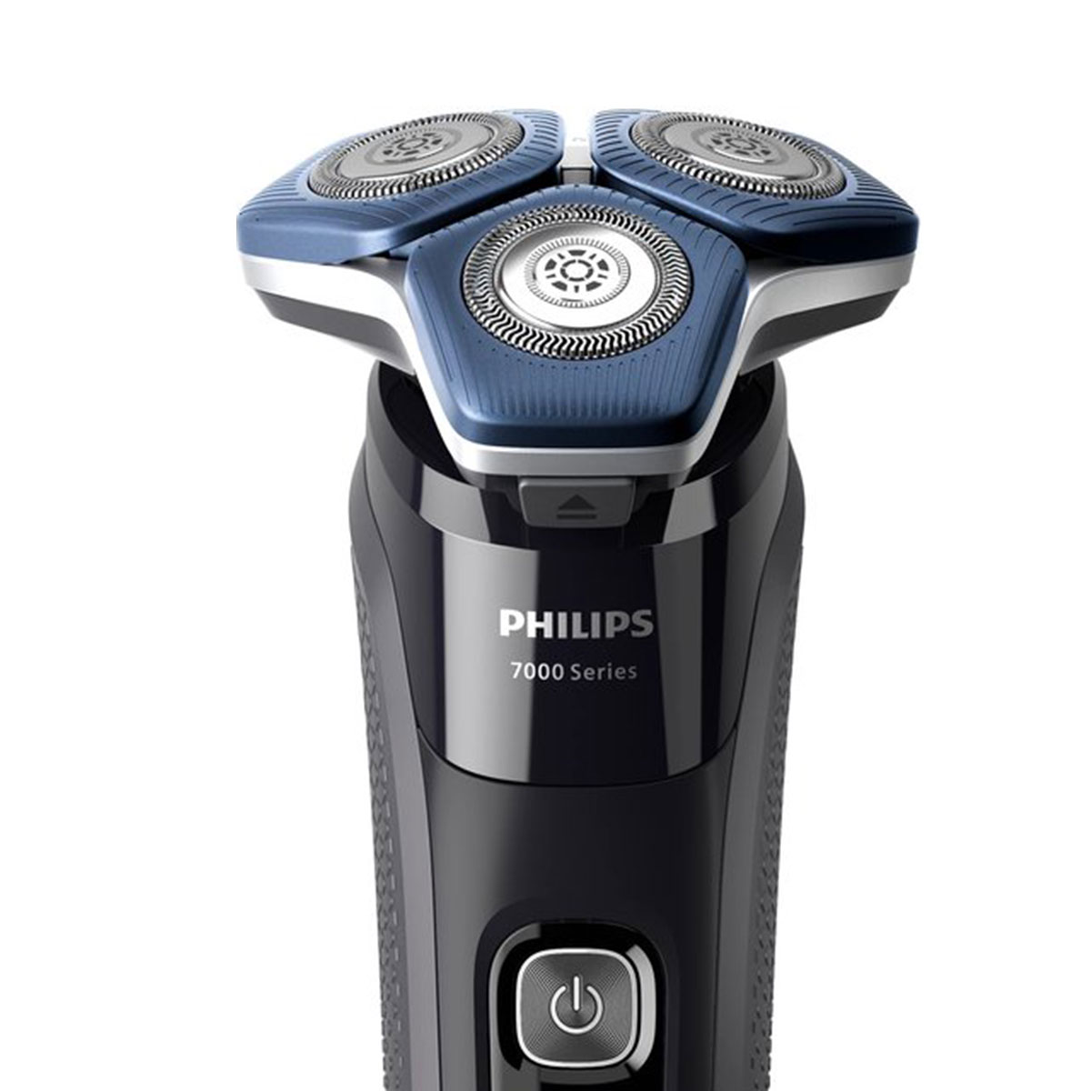 Czarna golarka elektryczna Philips 7000 Series z niebieskimi głowicami i jednym przyciskiem.