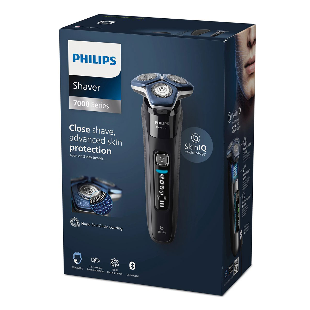 Opakowanie Philips Golarki Seria 7000 z golarką i szczegółami technicznymi.