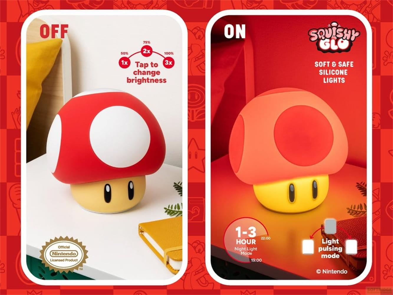 Lampa grzyb Super Mario, pokazana WŁĄCZONA i WYŁĄCZONA. Ze sterowaniem jasnością.