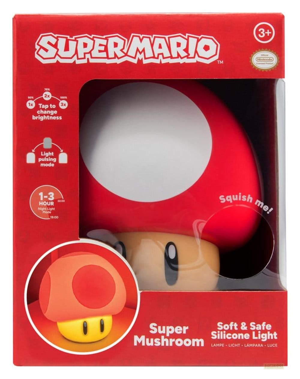 Lampa grzyb Super Mario w opakowaniu, czerwona z białymi kropkami, miękkie światło.