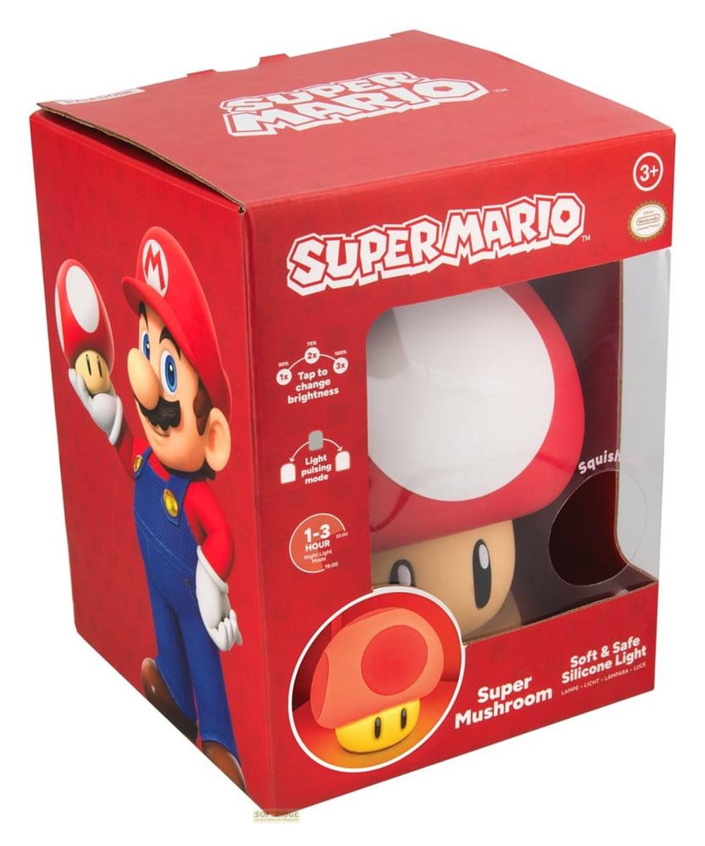 Lampa grzyb Super Mario na czerwonym kartonie z ilustracją Mario i funkcjami świetlnymi.