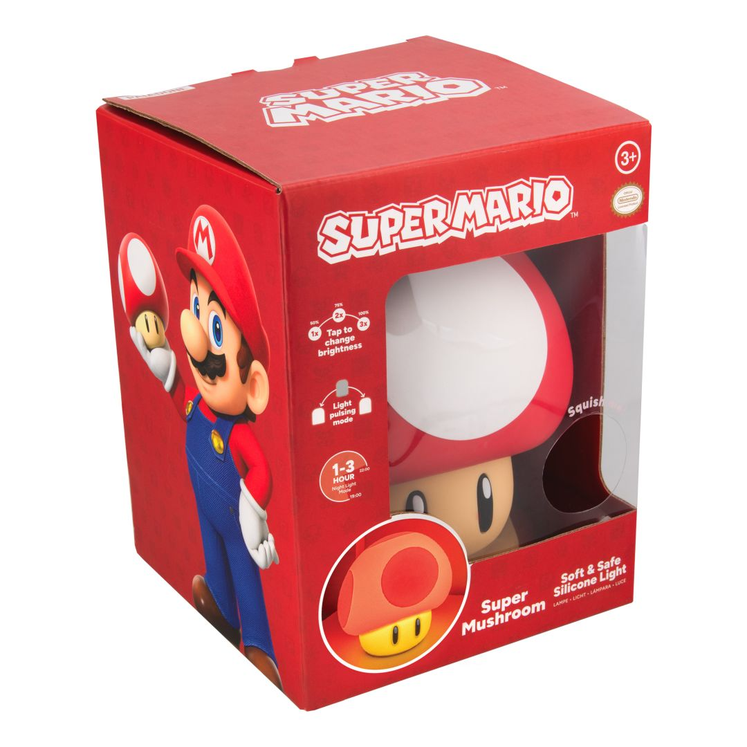 Lampka nocna Super Mario Grzyb w pudełku, z grafiką Mario.