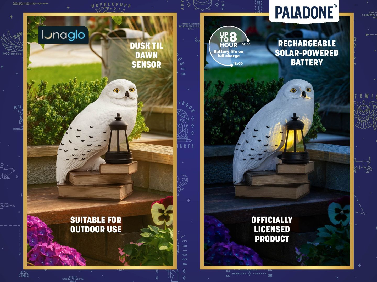 Una figura de búho blanca con farol sobre libros, apta para exterior.