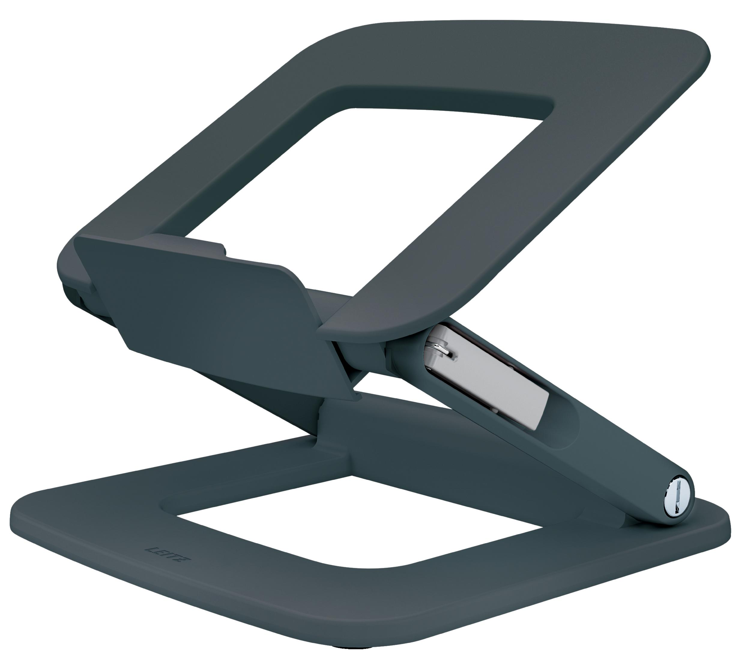 Un supporto per laptop regolabile grigio scuro con ferramenta argentata.