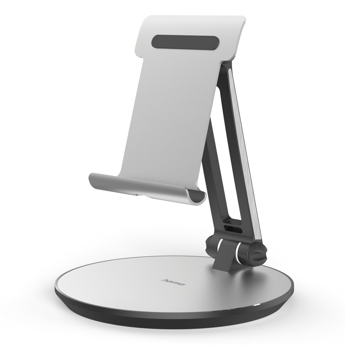 Un supporto argentato e regolabile per smartphone o tablet.