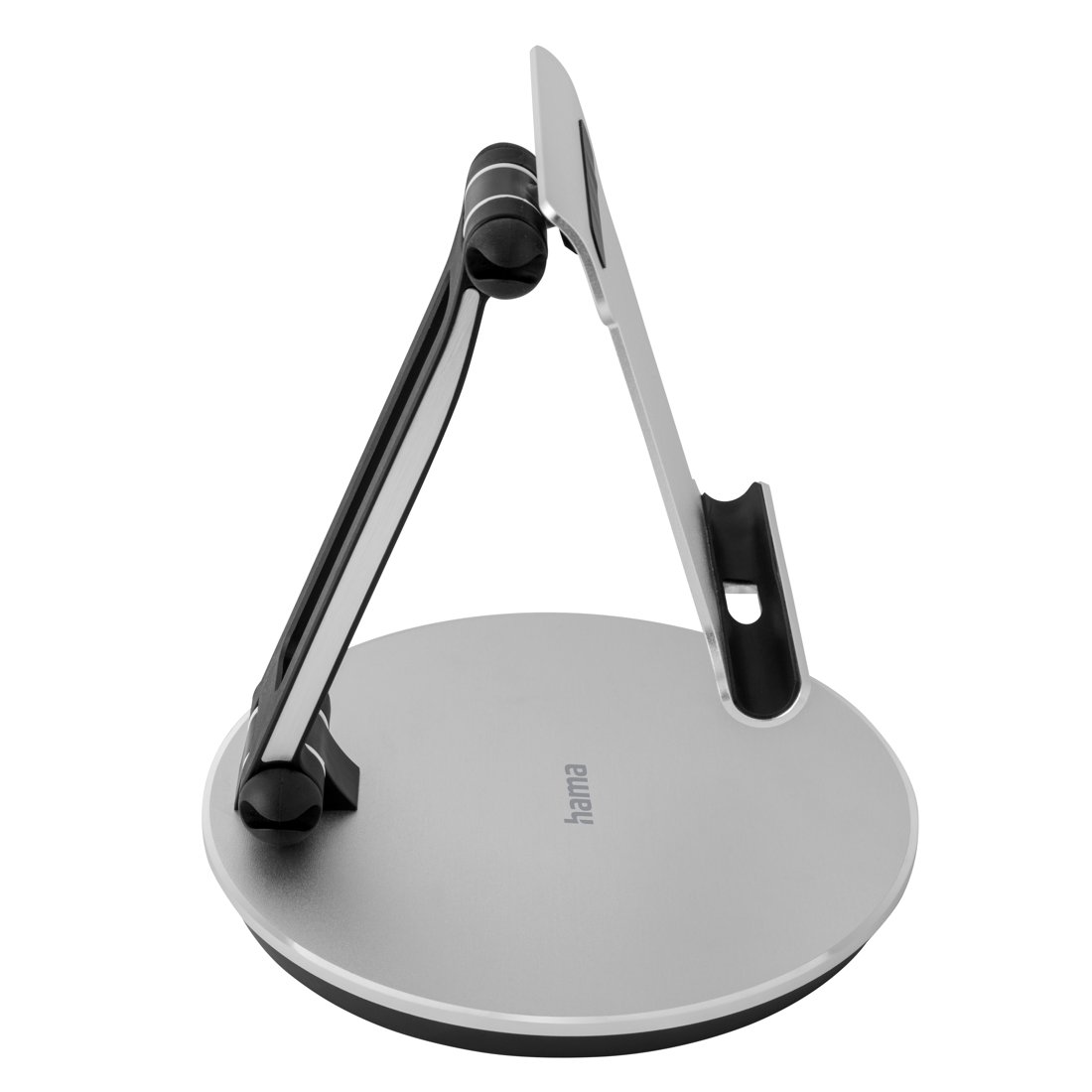Un supporto per tablet argentato con base rotonda e braccio regolabile.