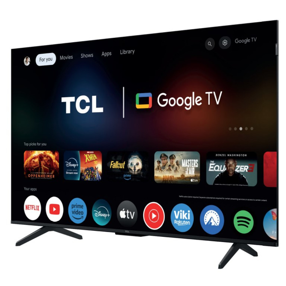 Telewizor TCL Google TV wyświetla kolorowy interfejs z ikonami aplikacji, takimi jak Netflix, YouTube i Disney+.