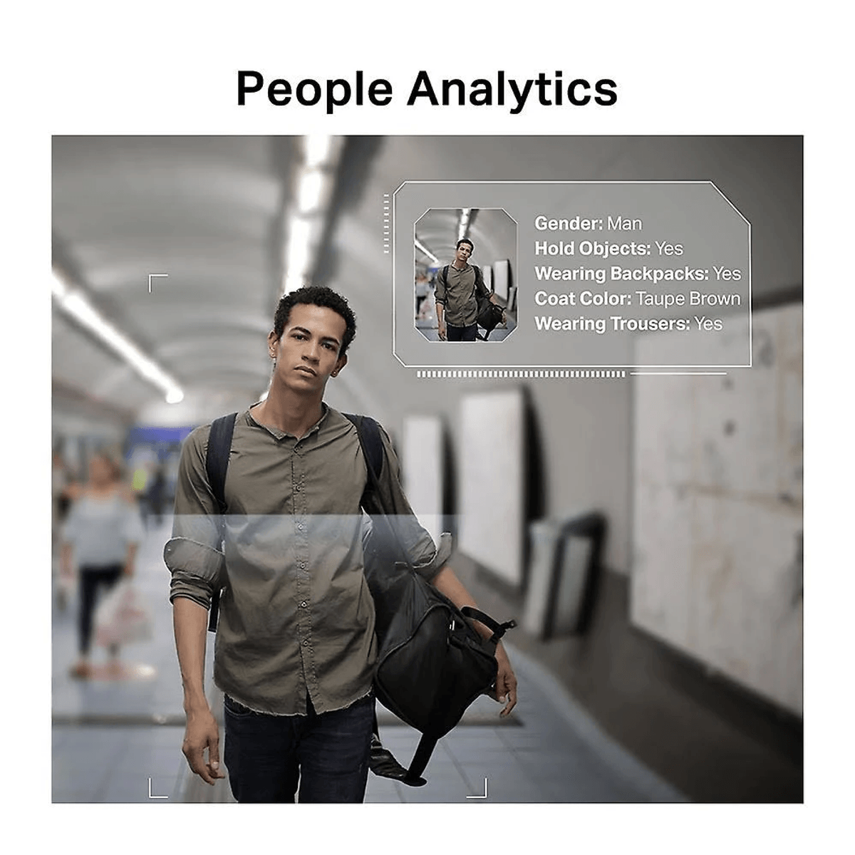 Man with backpack and bag in a hall. Data analytics overlay.