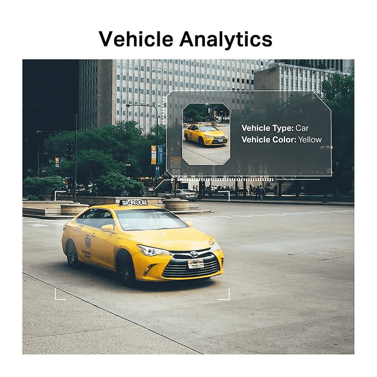 A yellow taxi drives on a city street, with a digital overlay analyzing the vehicle.