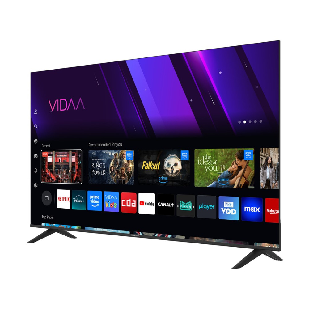 Nowoczesny telewizor z systemem VIDAA wyświetla aplikacje takie jak Netflix, Prime Video i YouTube.