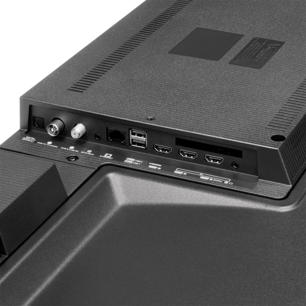 Tył telewizora z przyłączami: antena, USB, Ethernet, porty HDMI.