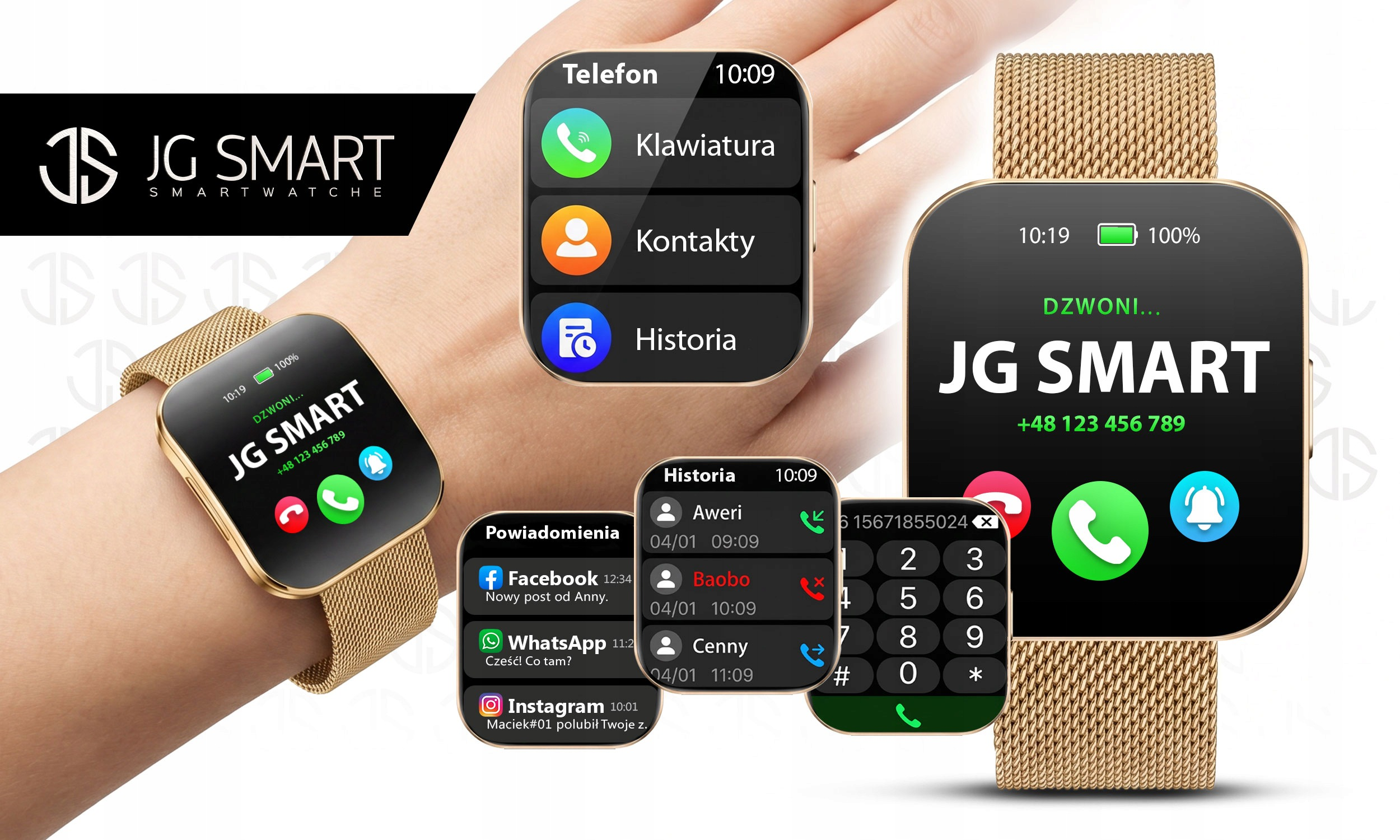 Złoty smartwatch wyświetla połączenia, powiadomienia i klawiaturę.
