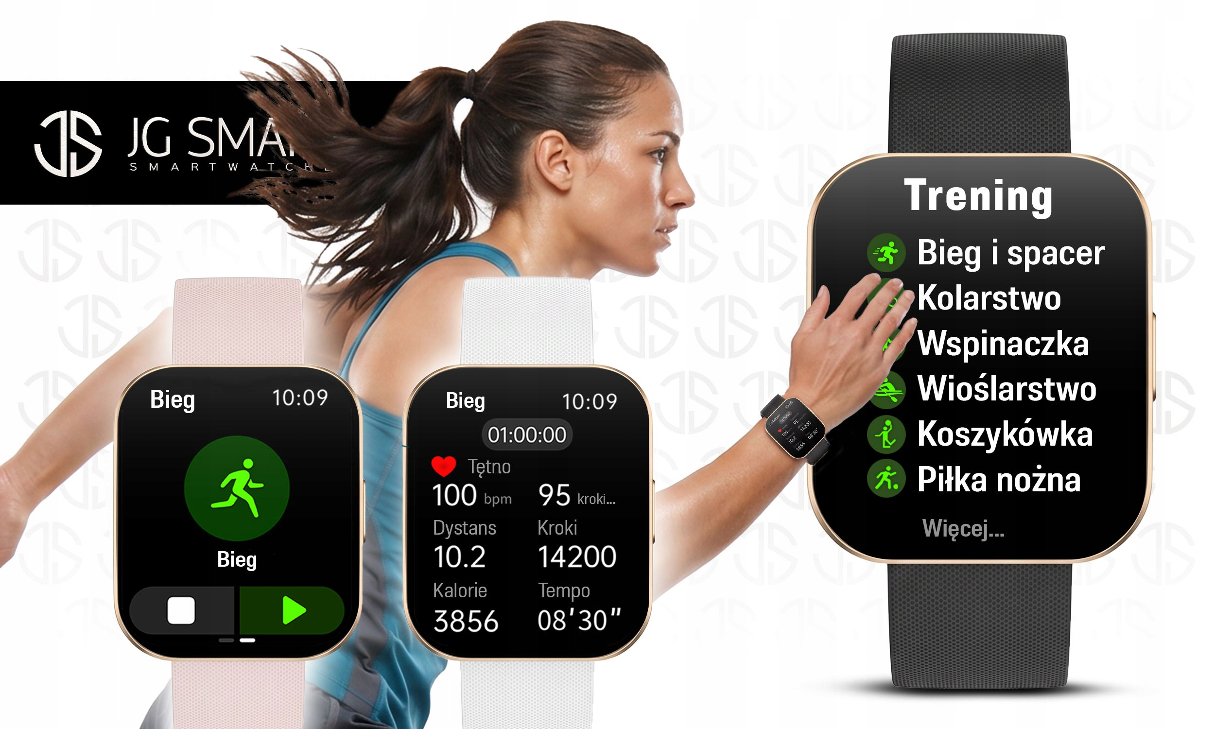 Kobieta z kucykiem patrzy na trzy smartwatche wyświetlające dane sportowe.