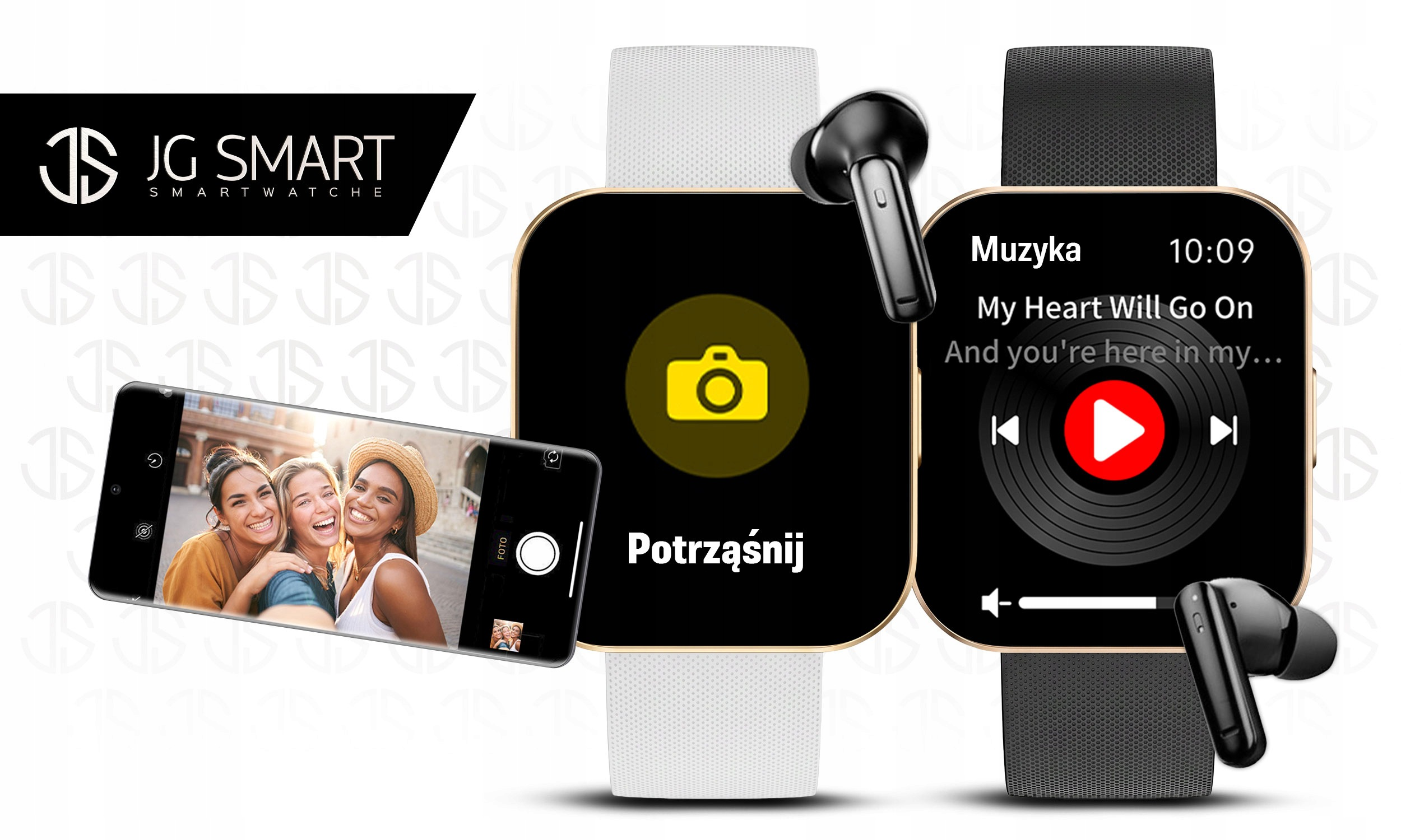 Smartfon pokazuje trzy kobiety, dwa smartwatche i słuchawki.