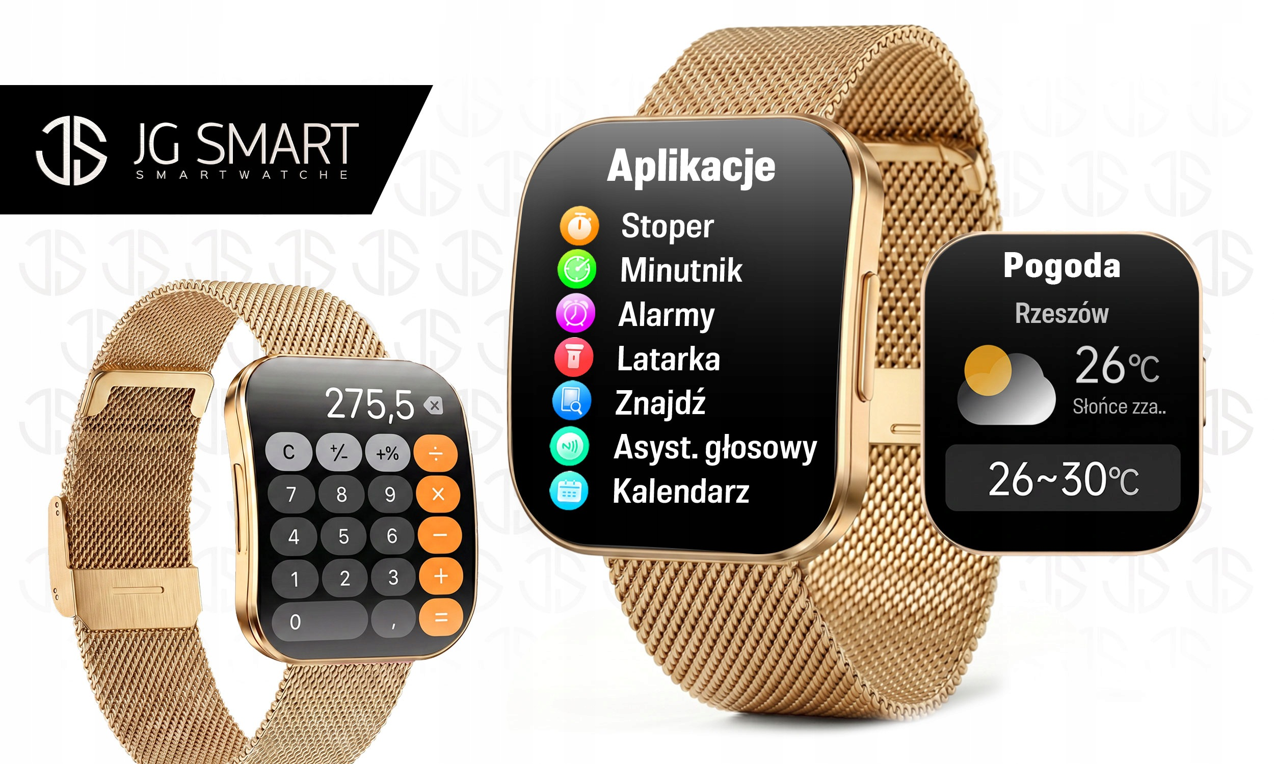 Złoty smartwatch z trzema ekranami: kalkulator, aplikacje i pogoda.