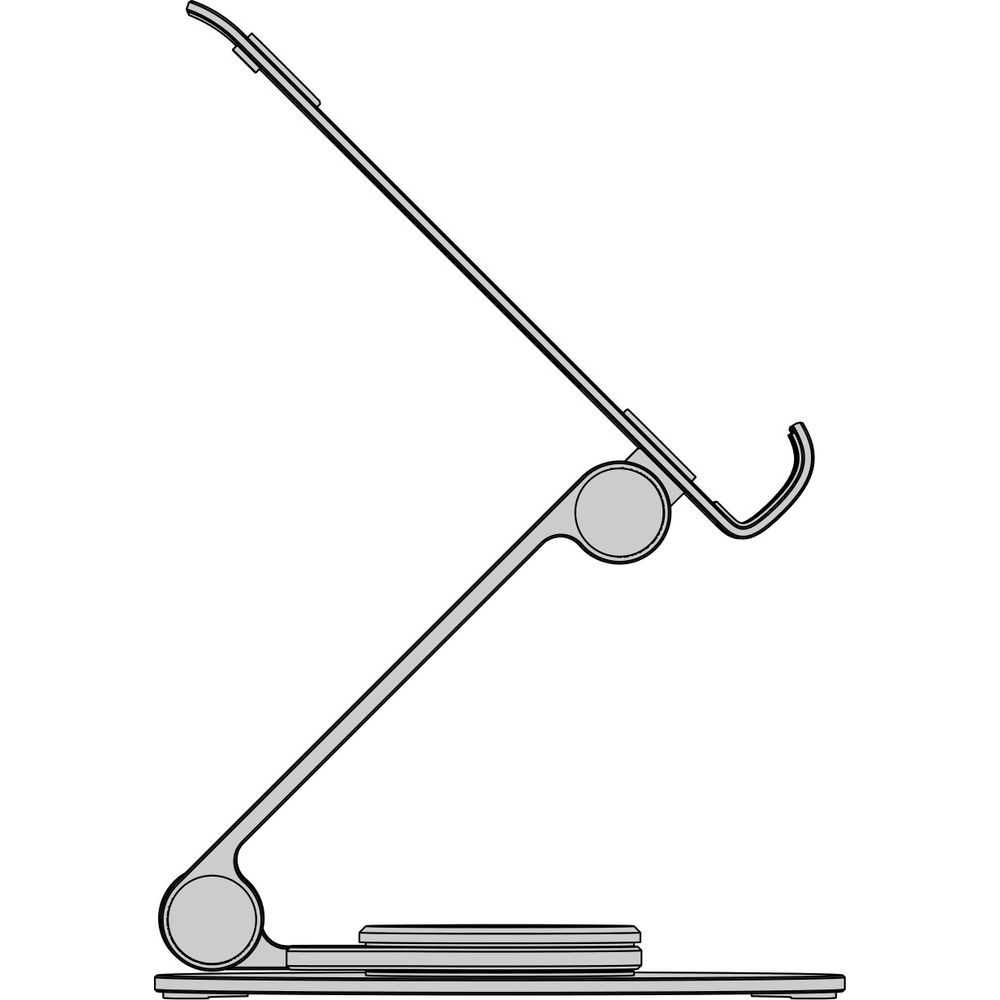 Un supporto per tablet argentato e regolabile, visto di profilo con due snodi.