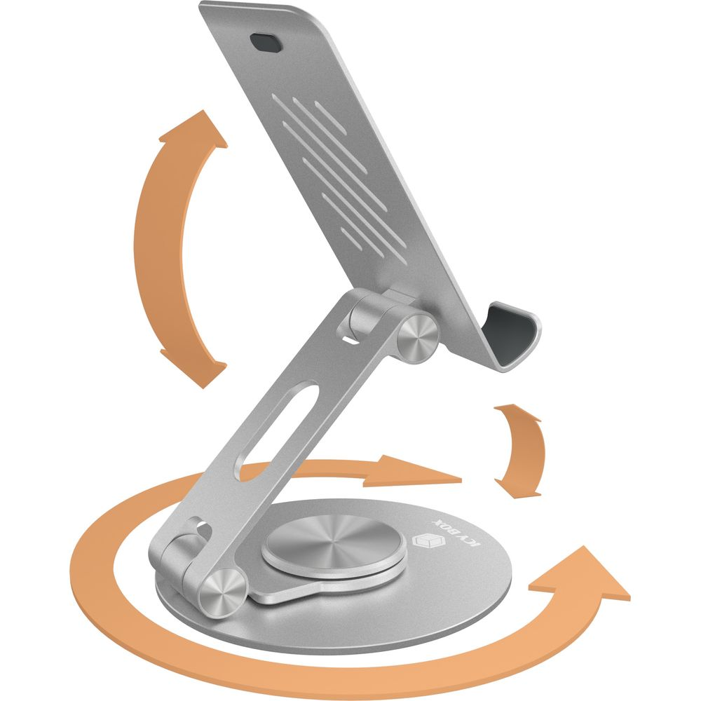 Supporto tablet argento regolabile con frecce arancioni che indicano movimento rotatorio.