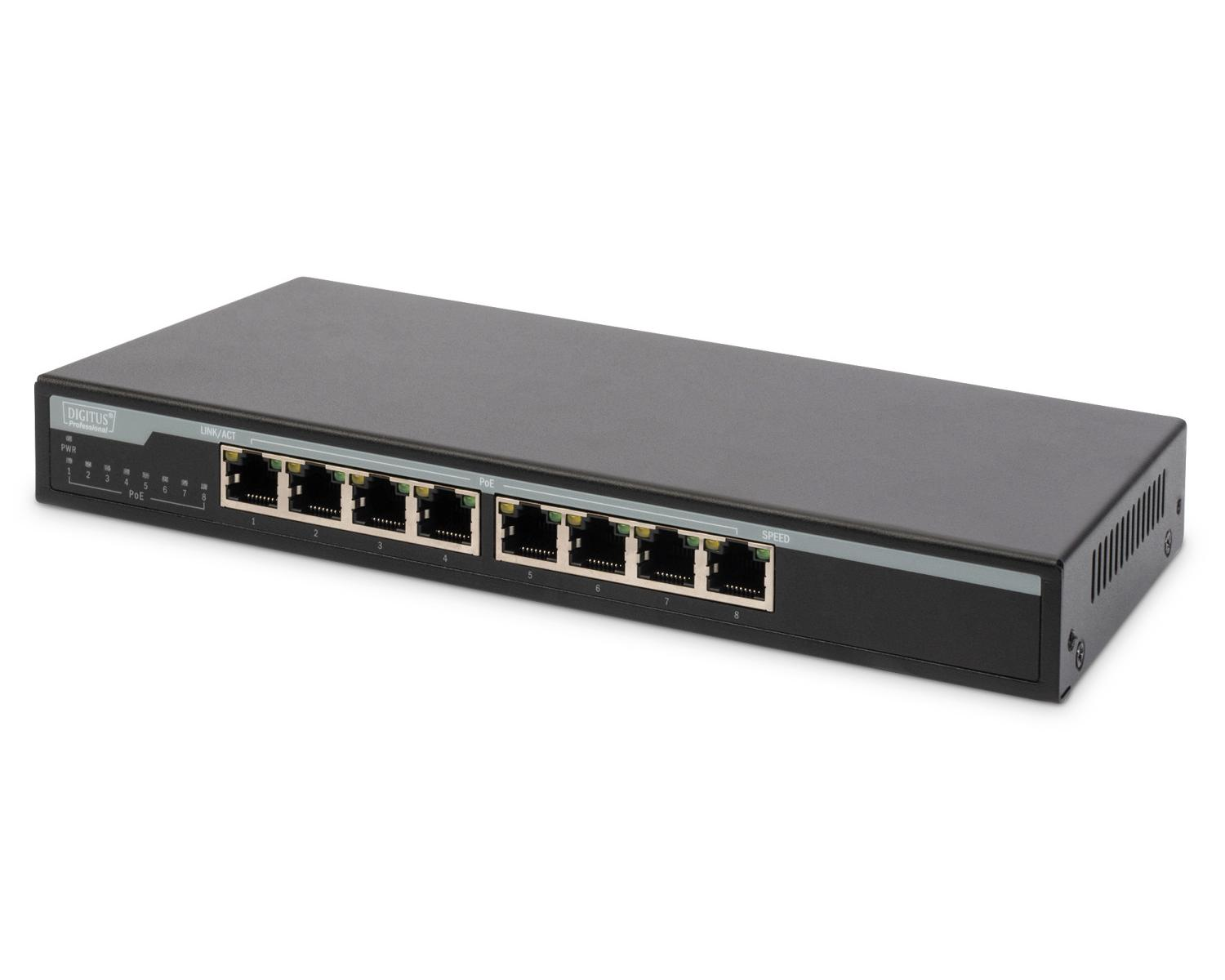 Uno switch di rete nero a 8 porte con porte etichettate e spie luminose.