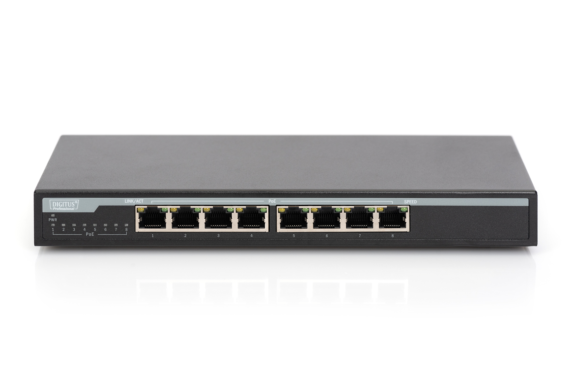 Uno switch di rete nero a 8 porte con porte e indicatori LED.