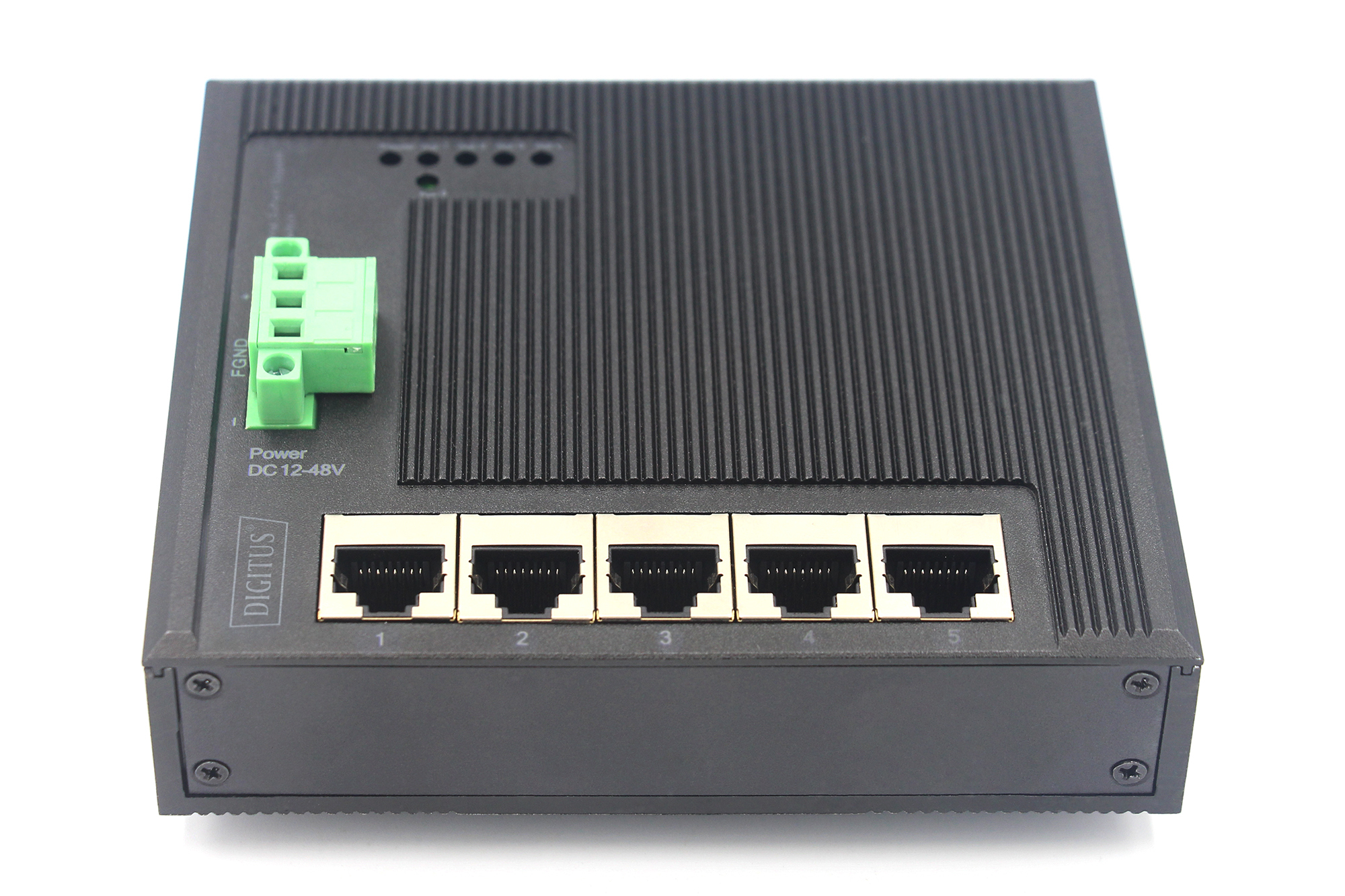 Switch di rete nero con 5 porte Ethernet e morsettiera verde.