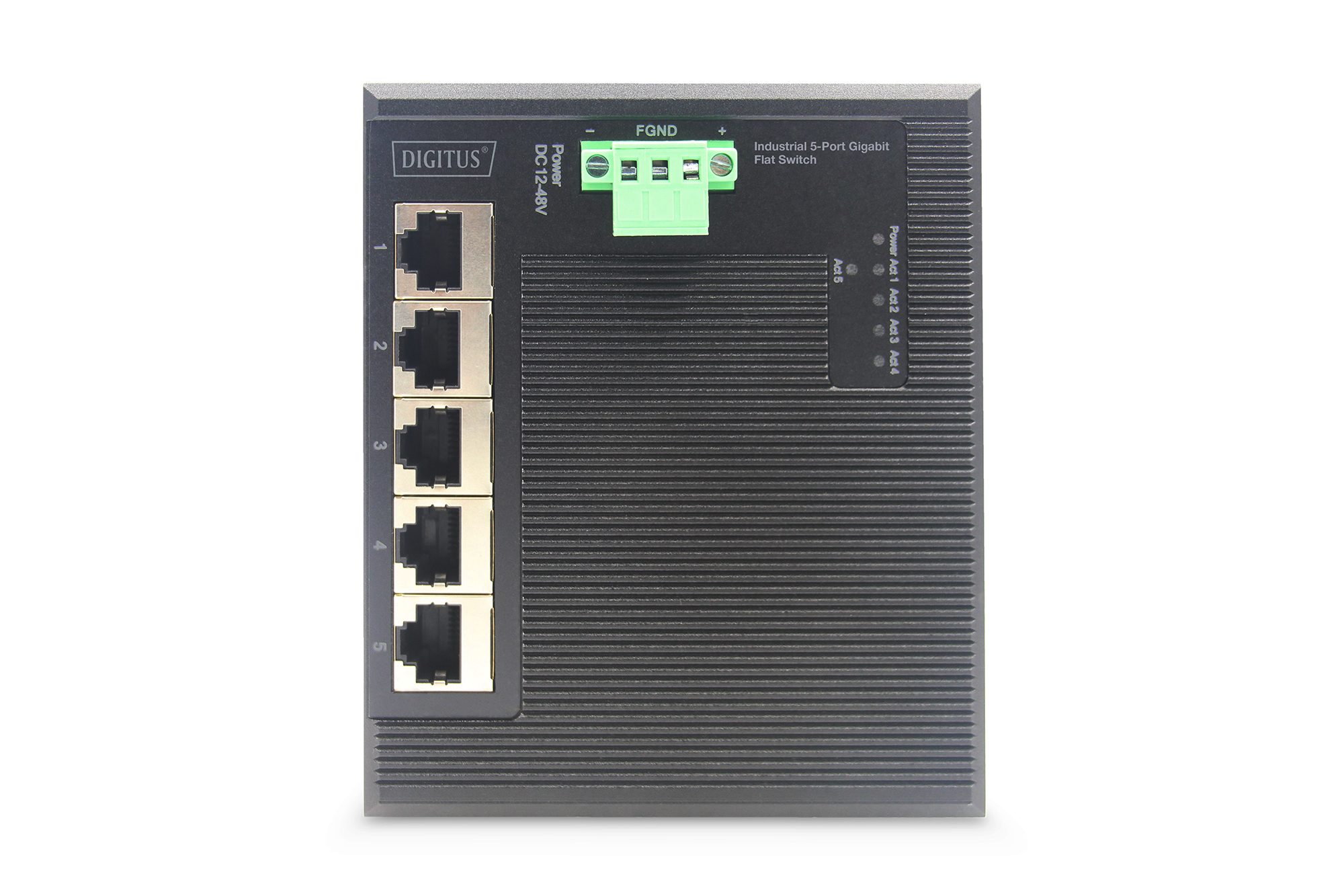 Uno switch Gigabit a 5 porte Digitus nero con porte RJ45 e morsettiera verde.