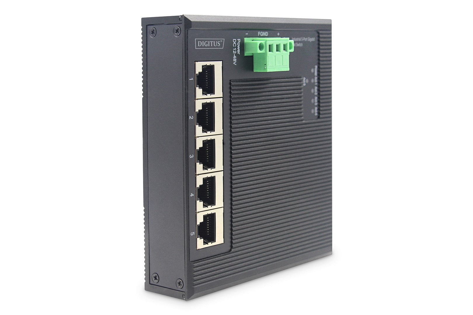 Uno switch di rete gigabit industriale grigio a 5 porte con 5 porte RJ45 e un connettore di alimentazione verde.