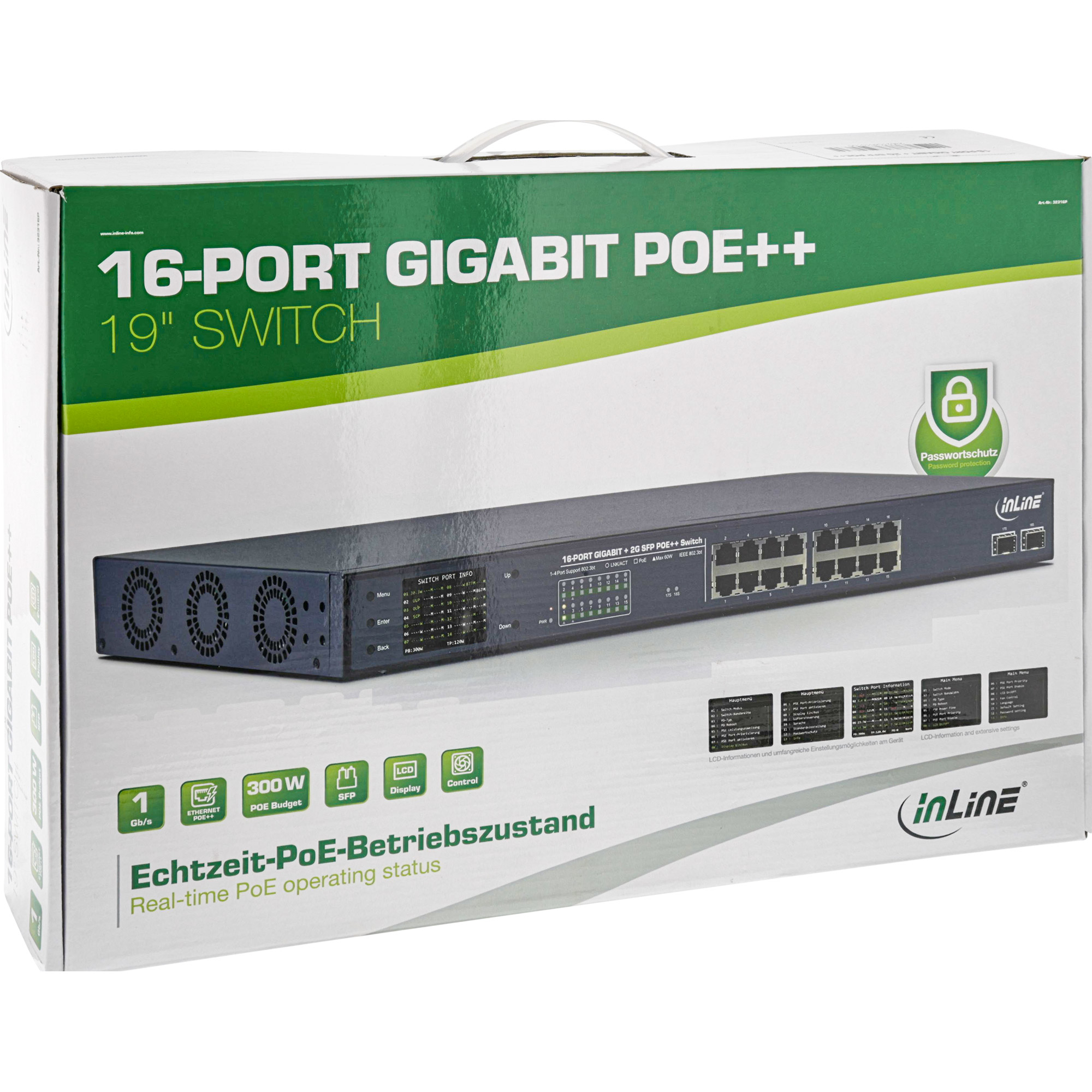 Confezione di uno switch Gigabit PoE++ da 19" a 16 porte, con ventole e porte.