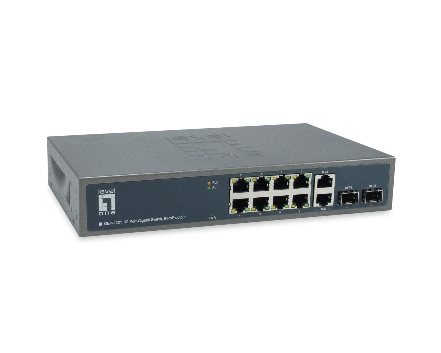 Switch Gigabit grigio Level One da 12 porte con 8 uscite PoE.