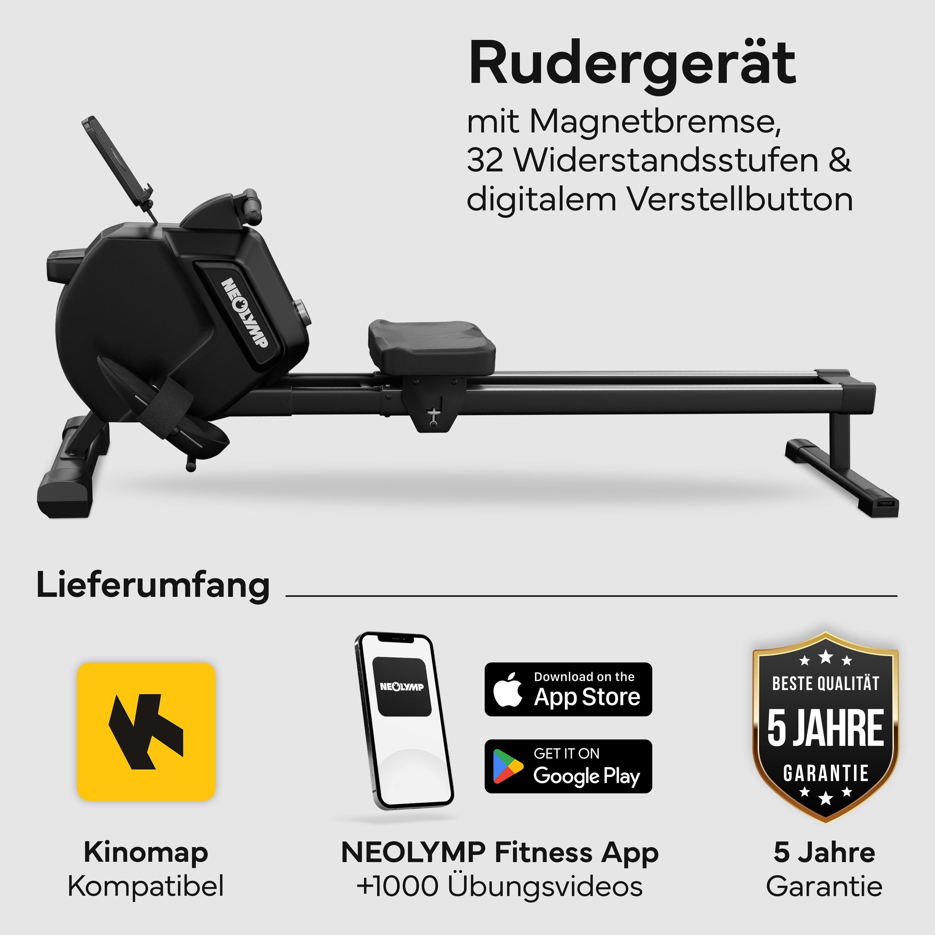 Ein schwarzes Rudergerät mit Sitz, Fußriemen und Magnetbremse.