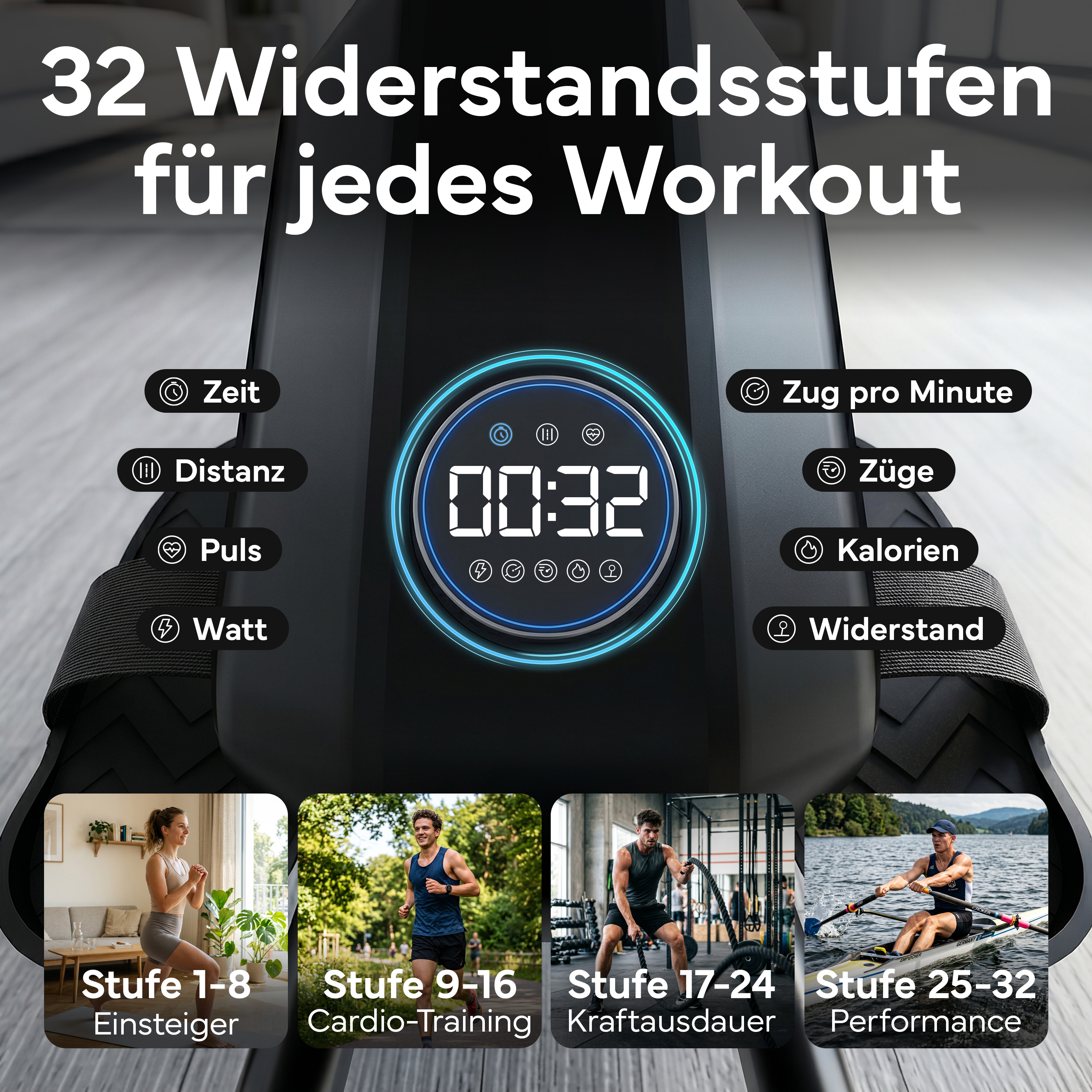 32 Widerstandsstufen für jedes Workout mit Anzeige von Zeit, Distanz, Puls, Watt.