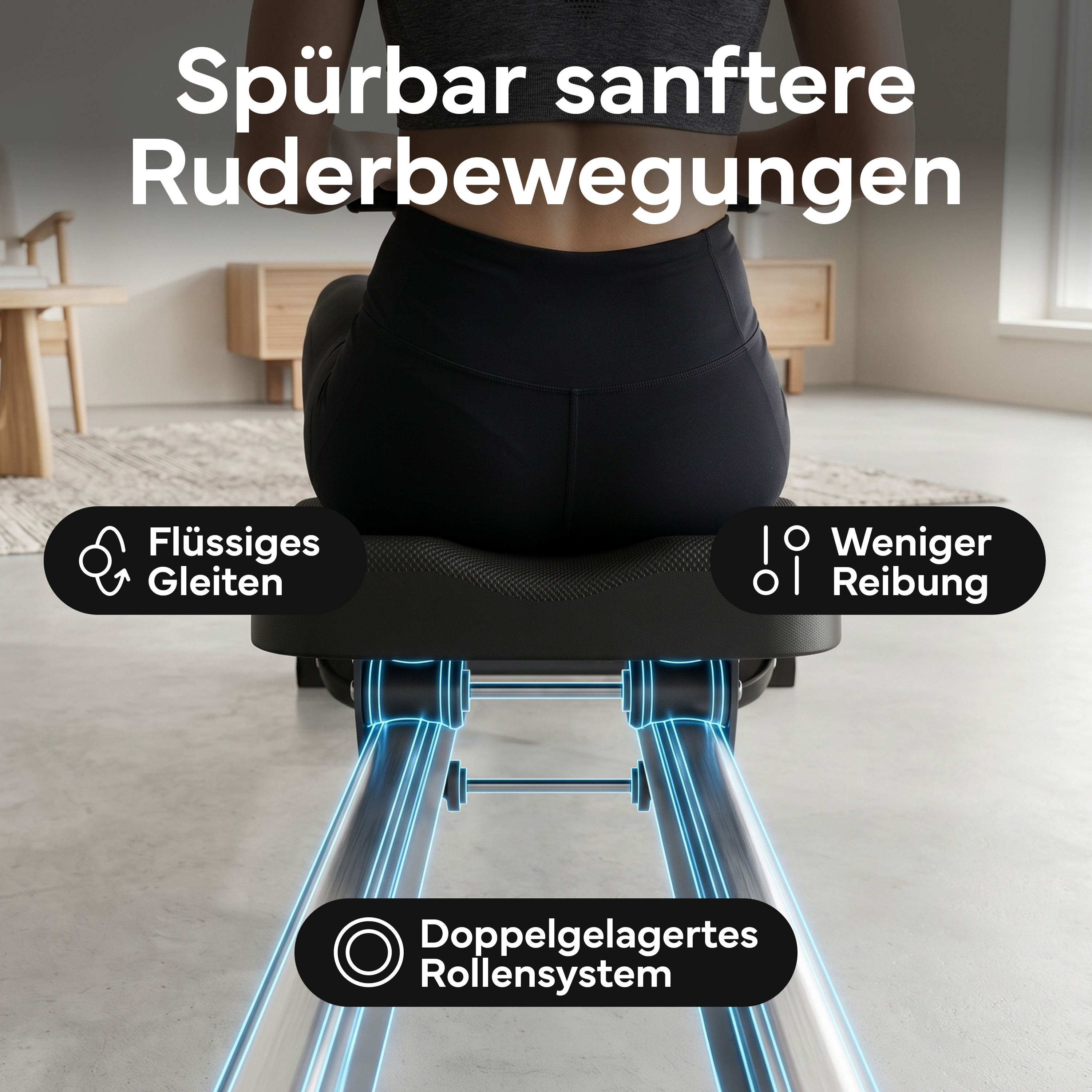 Frau auf einem Rudergerät mit Text-Overlays über sanfte Ruderbewegungen.