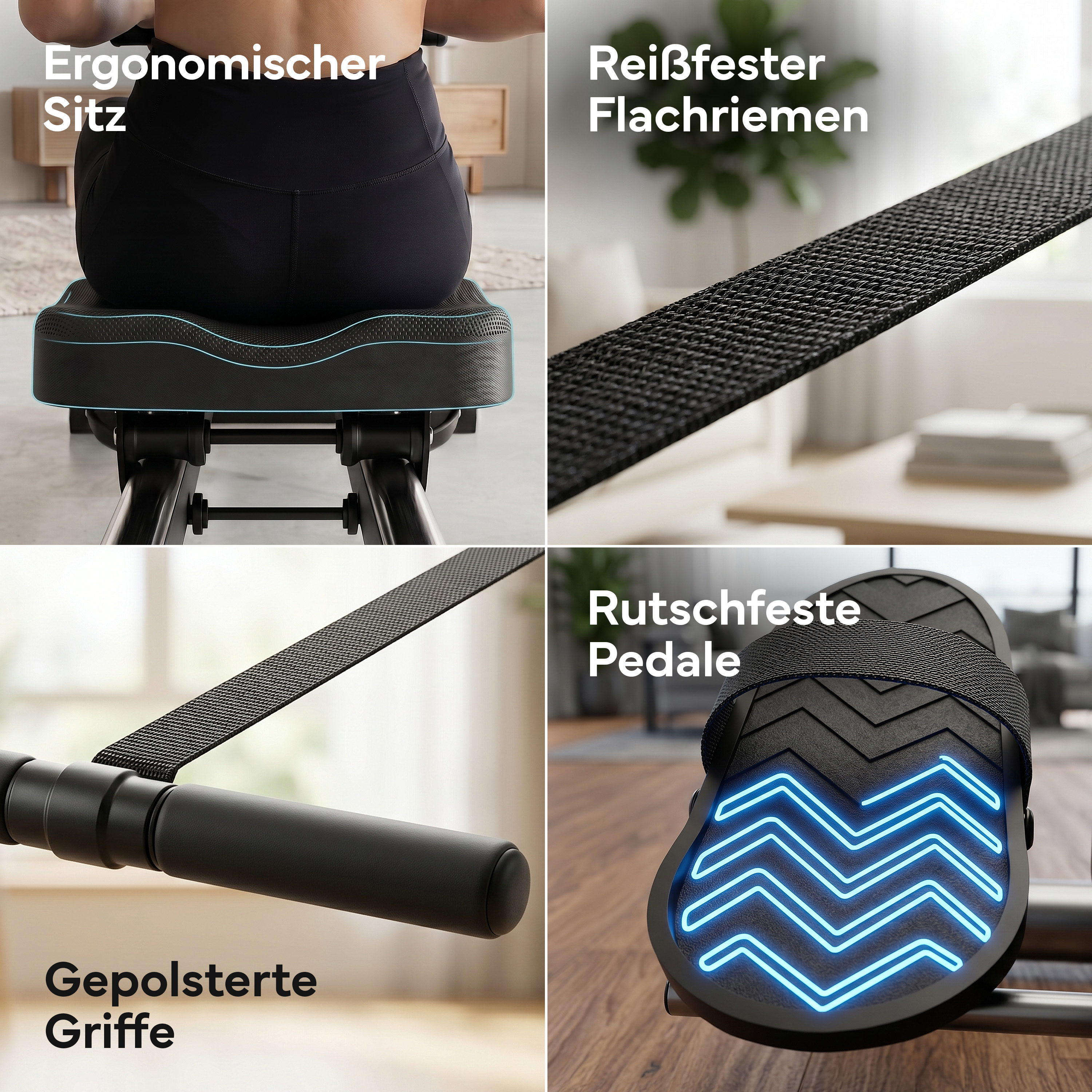 Vier Detailansichten eines Heimtrainers: Sitz, Gurt, Griff und Pedale.