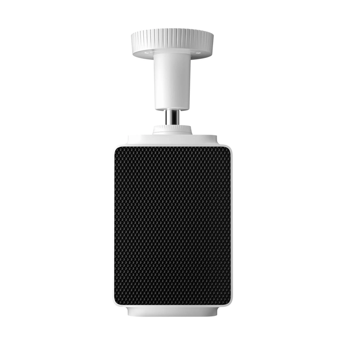 Altavoz blanco con rejilla negra, montado en un soporte.