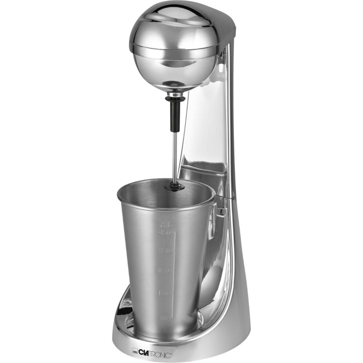 Glänzender Milchshake-Maker aus Chrom mit Metallbecher und Rührstab.