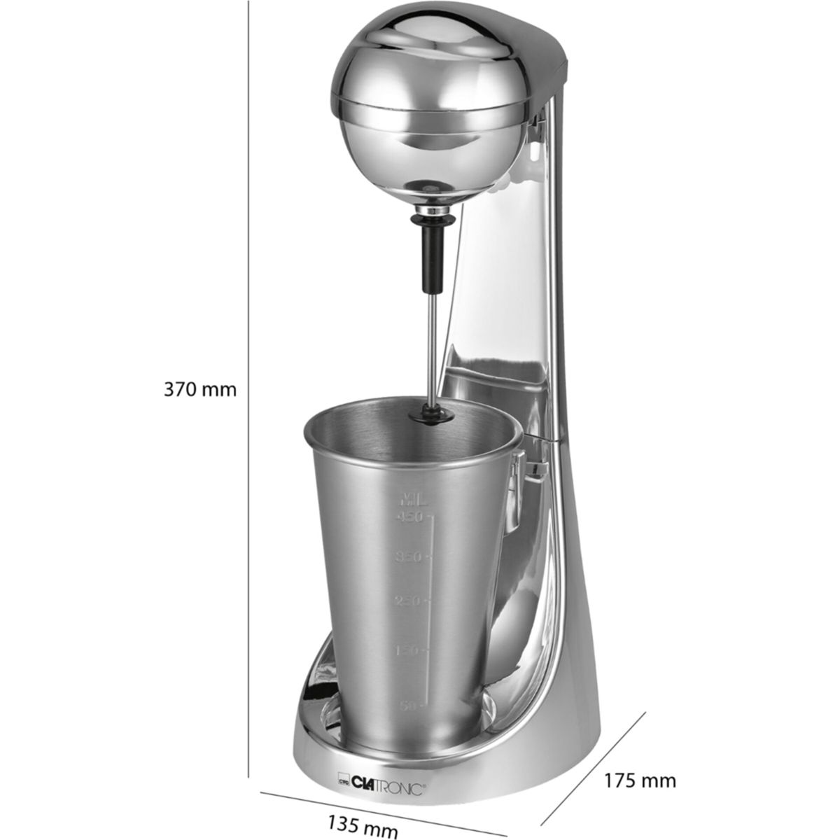 Ein silberner Milchshake-Mixer mit Messbecher. Höhe 370 mm, Breite 135 mm, Tiefe 175 mm.