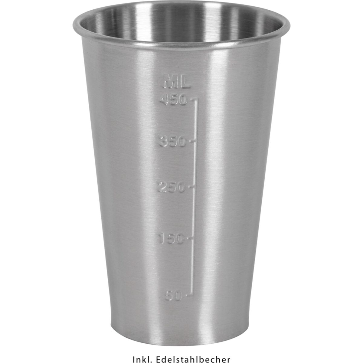 Ein silberner Edelstahlbecher mit Messmarkierungen für Milliliter.