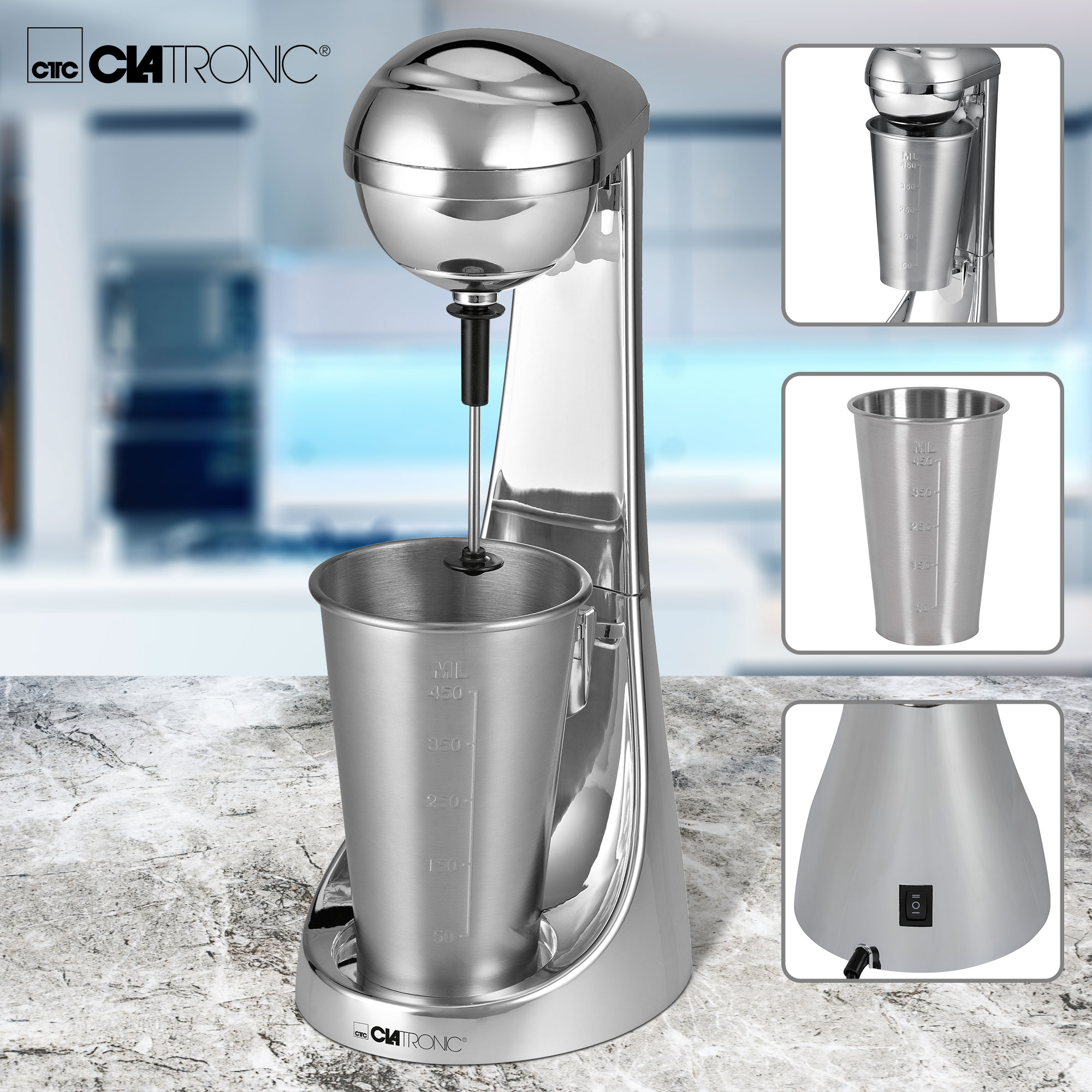 Silberner Milchshake-Mixer mit Metallbecher und Messmarkierungen.