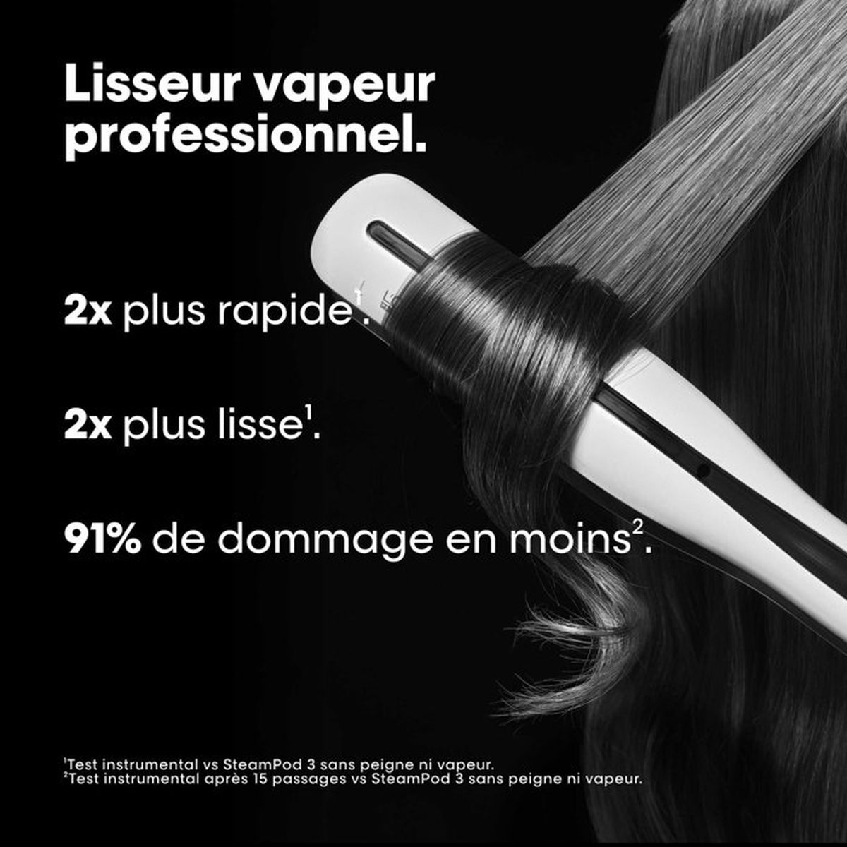 Liscia capelli scuri professionale a vapore, testo evidenzia velocità e morbidezza.