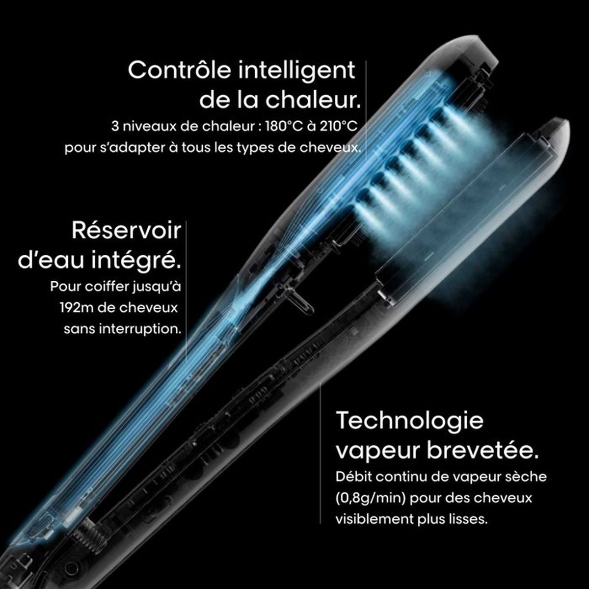 Piastra per capelli a vapore con controllo intelligente del calore e serbatoio.