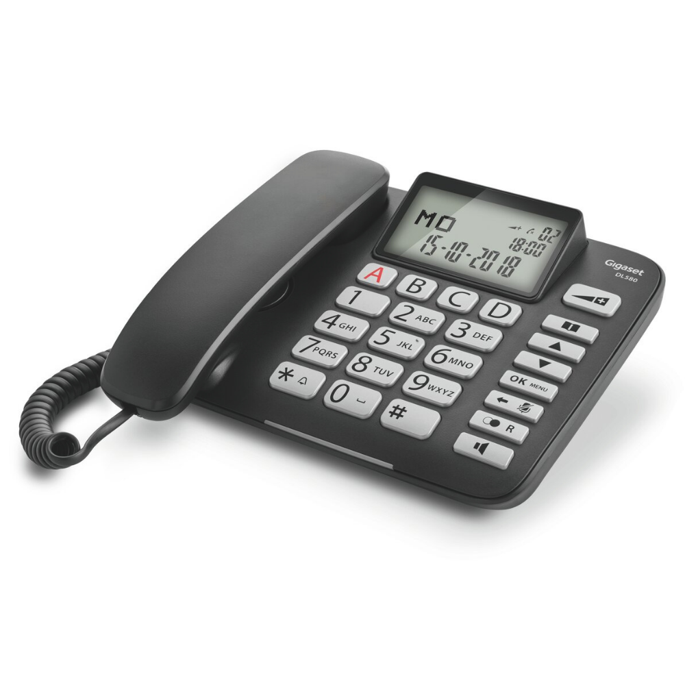 Ein schwarzes Gigaset DL580 Schnurtelefon mit Zifferntastatur und Bildschirm.