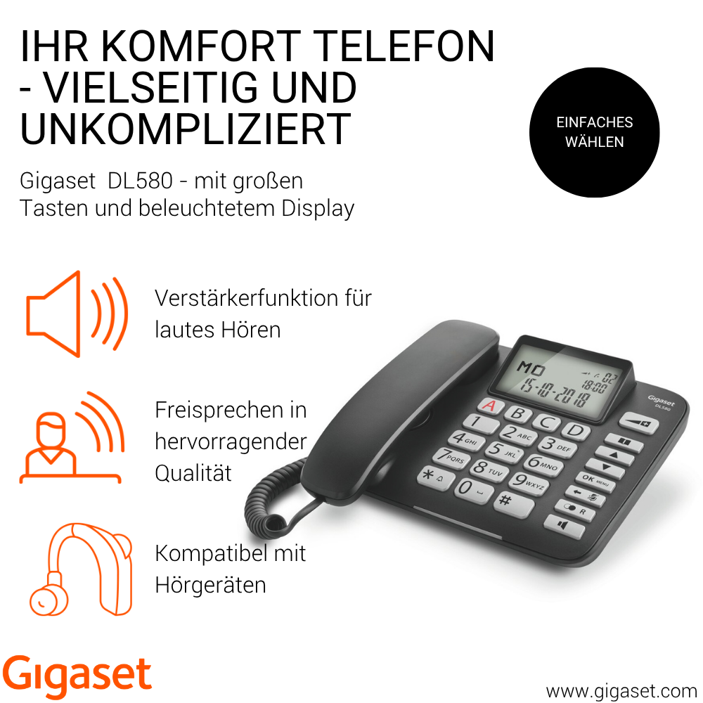 Ein schwarzes Schnurtelefon mit beleuchtetem Display und Tasten.