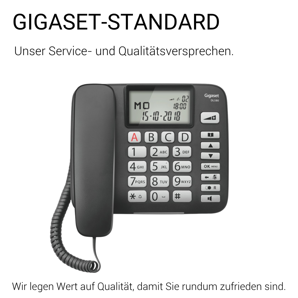 Ein schwarzes Gigaset-Festnetztelefon mit beleuchtetem Display und Tasten.