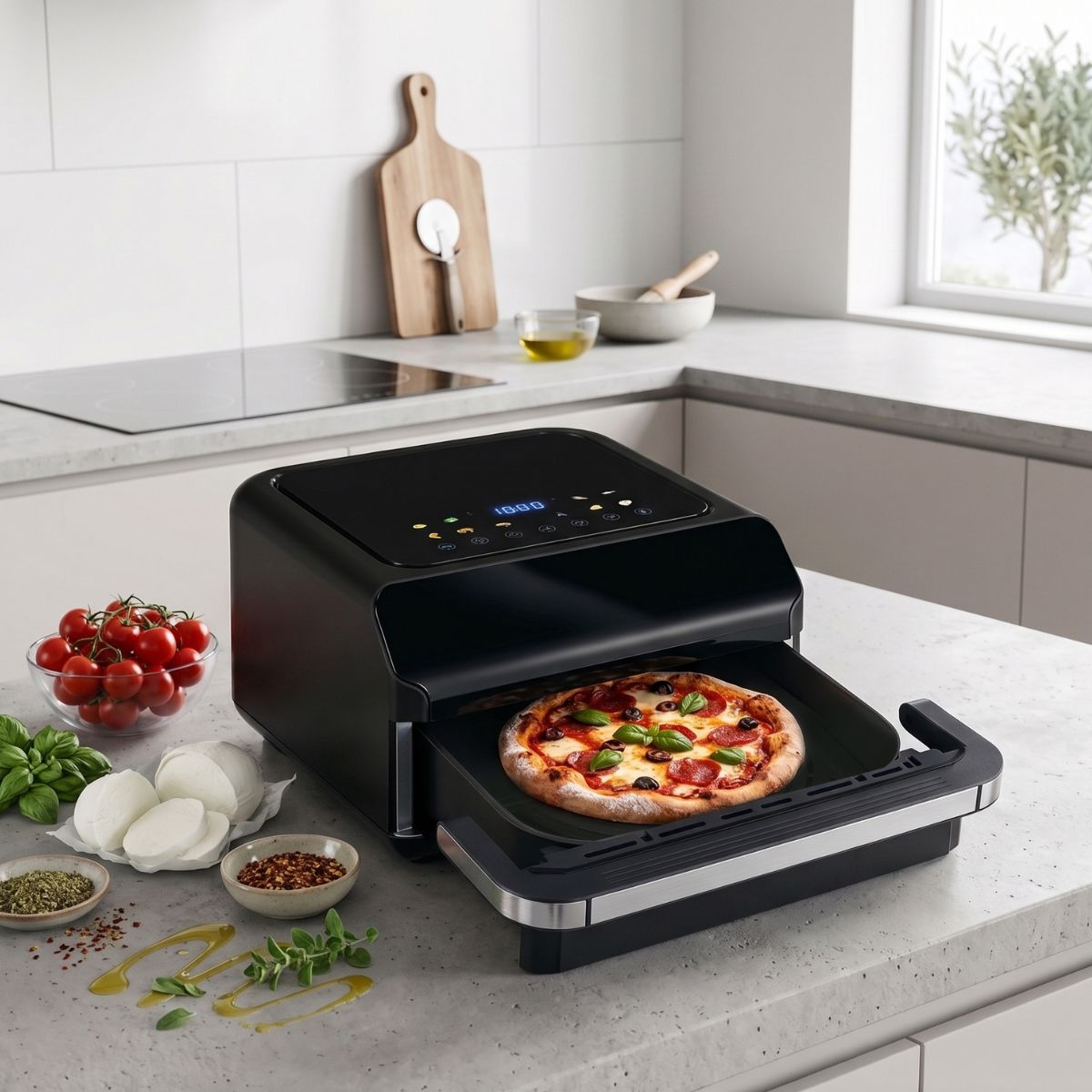 A black pizza oven with a finished pizza, next to ingredients like tomatoes and mozzarella.