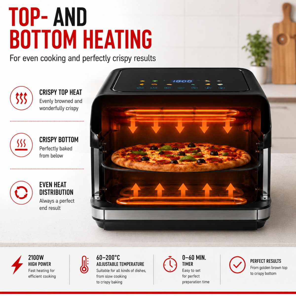 An air fryer with a pizza inside, featuring top and bottom heating elements.