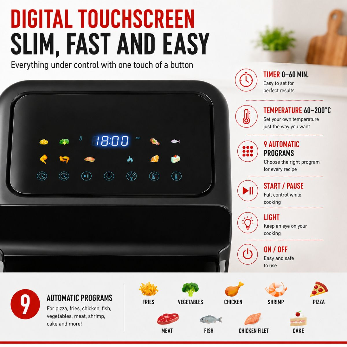 Black air fryer with touchscreen and icons for various programs.