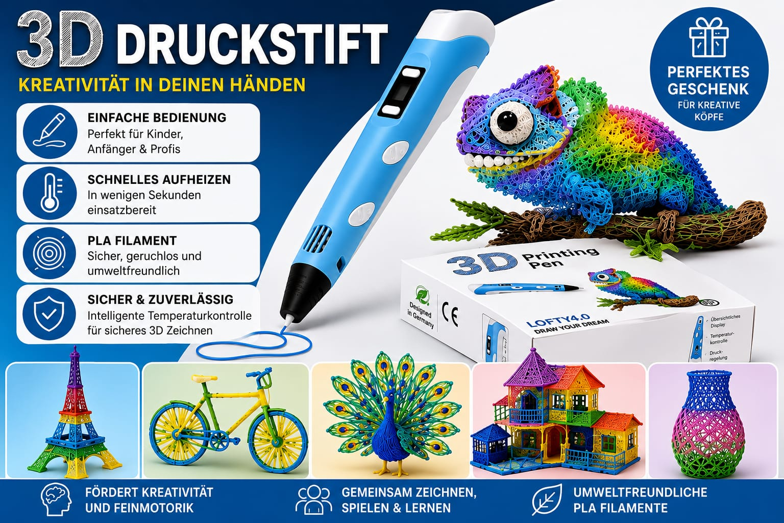 Ein blauer 3D-Druckstift mit bunten 3D-Modellen und Produktmerkmalen.