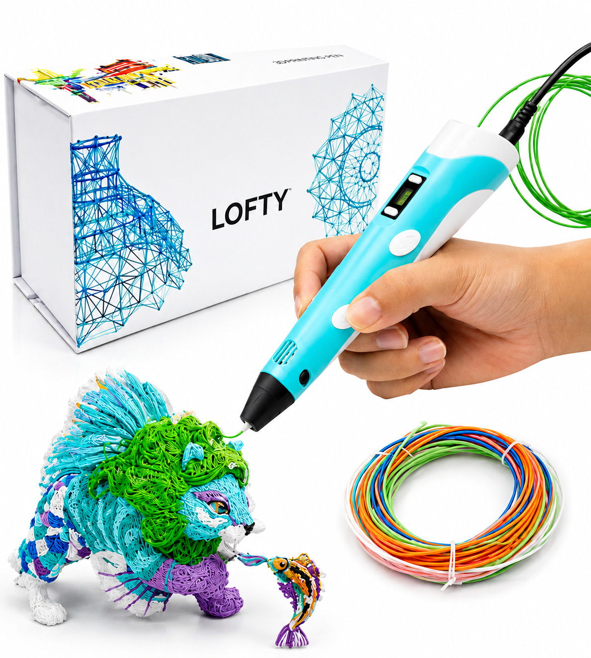 Ein blauer 3D-Stift wird verwendet, um eine farbenfrohe Löwenfigur zu erschaffen.