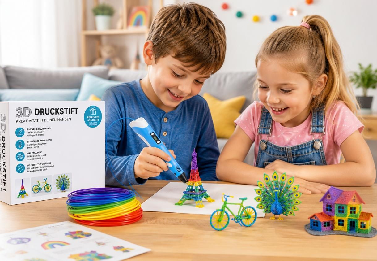 Kinder basteln mit 3D-Stift: Turm, Fahrrad, Pfau, Haus. Farbenfrohe Filamente liegen bereit.