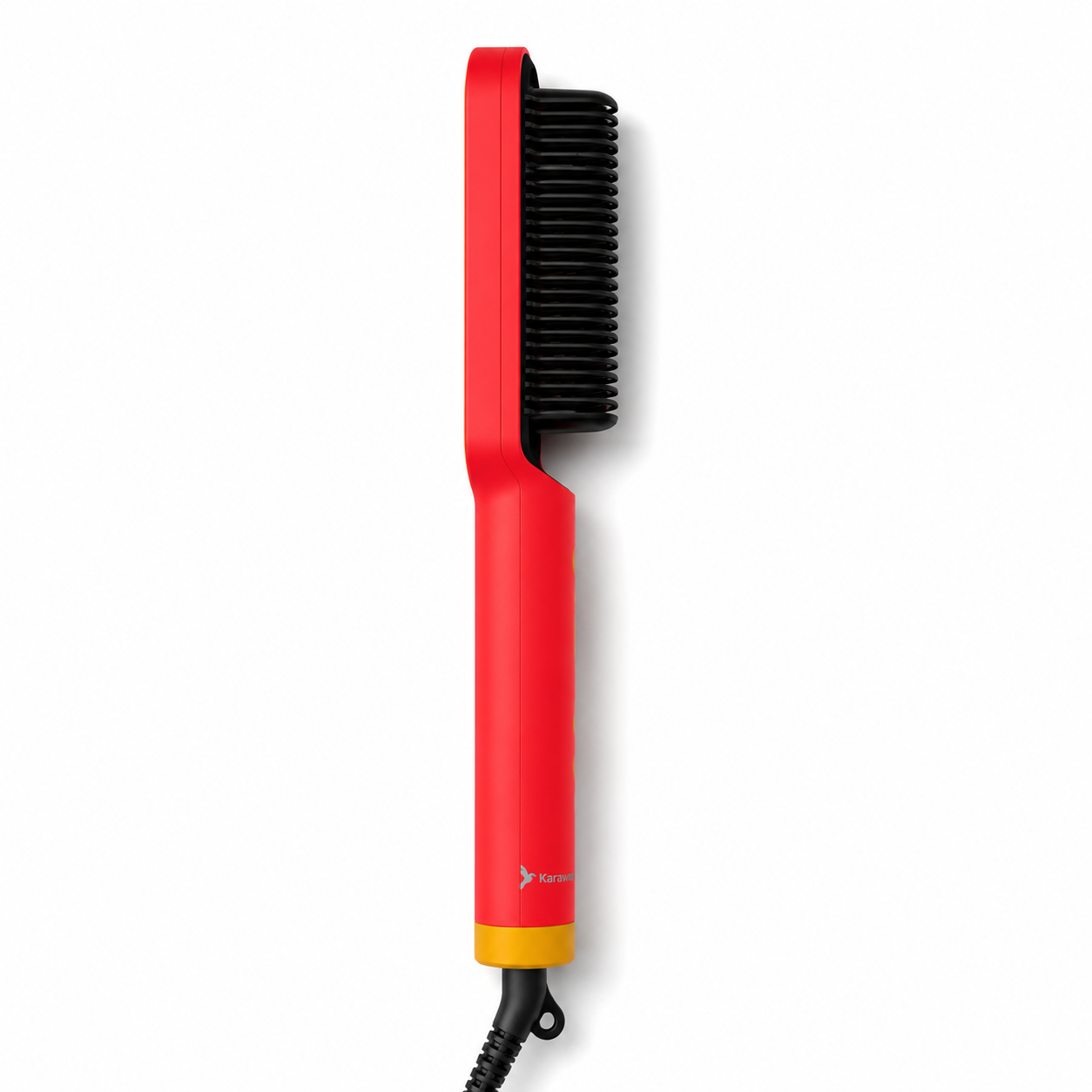 Un cepillo alisador rojo con cerdas negras y un acento amarillo.