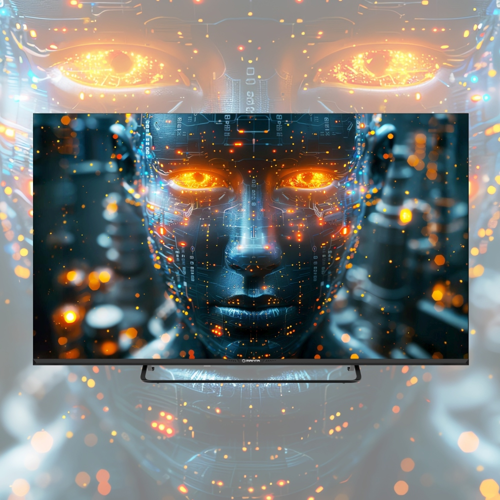 Futurystyczna twarz robota ze świecącymi pomarańczowymi oczami na ekranie telewizora.